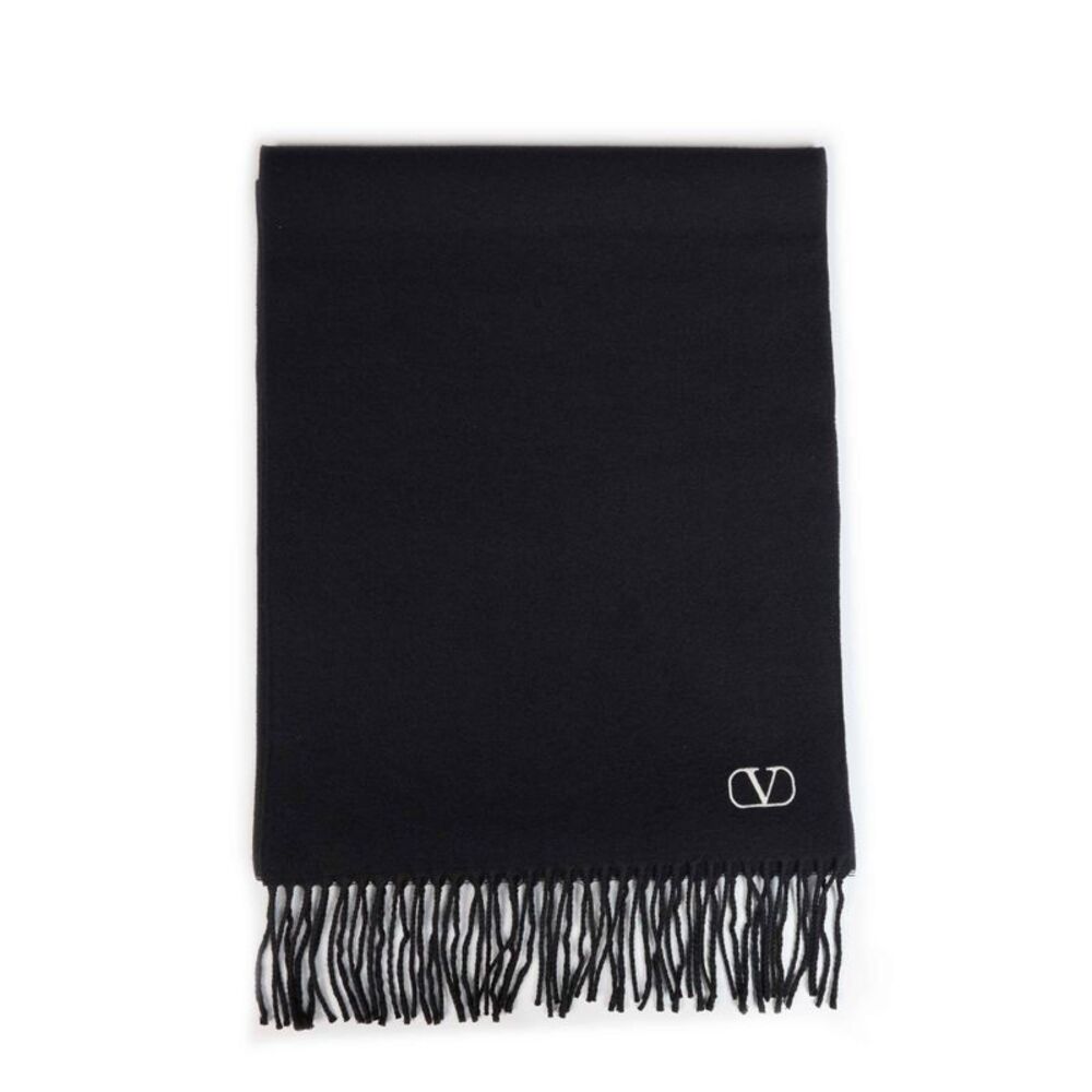 Valentino Garavani Men Black Virgin Wool Scarf With Vlogo Signature Embroidery
